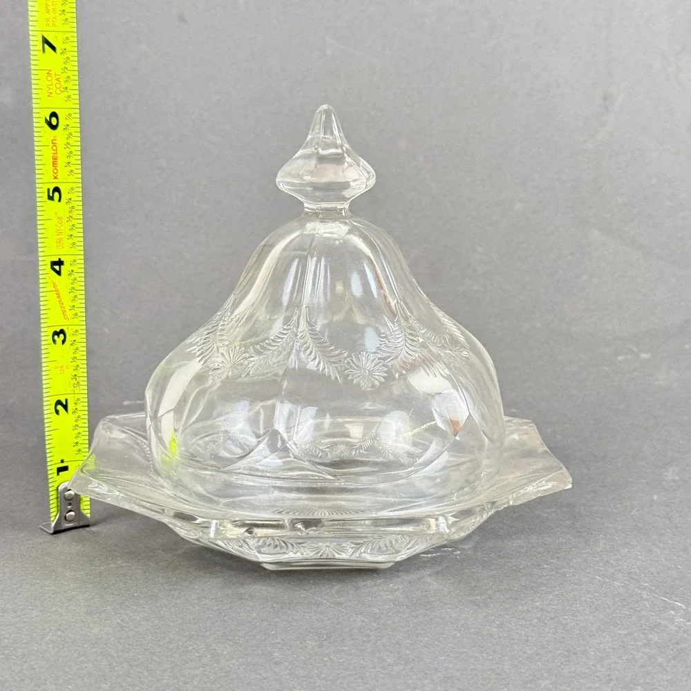 Pressed Glass Floral Etched Butter Dish with Lid, Hexagonal Base Clear Vintage